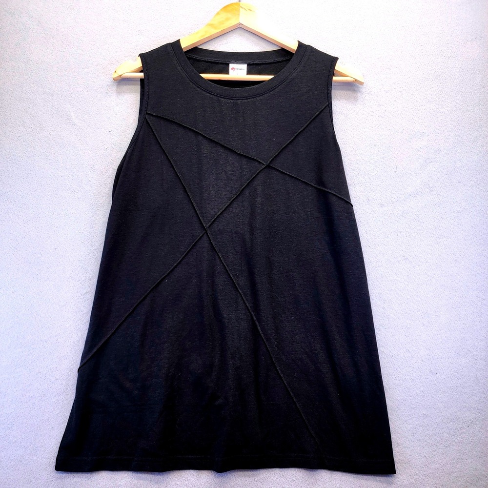 WIHOLL Black Geometric Seam Tank Top Sleeveless Crew Neck Soft Stretch Large